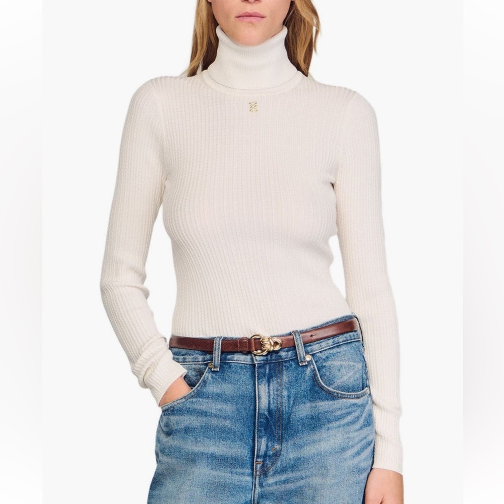 Sandro Cream Ribbed Cashmere-Blend Turtleneck Sweater
